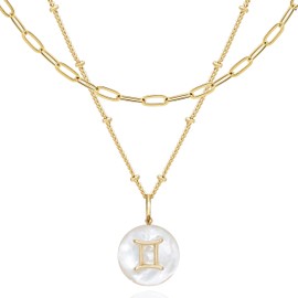 Zodiac Gold Sign on White Pearl & Shell Necklace - 2 Layered & Separate Chain with Dainty Disc Shell Pendant, Featuring 12 Constellations, Perfect Jewelry for Birthday Gifts