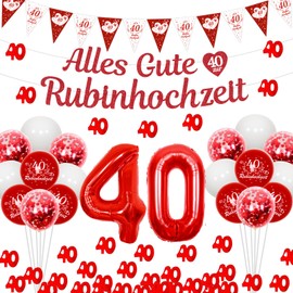Cheereveal Ruby Wedding Decoration, Happy 40th Ruby Wedding Banner, Red Number 40 Foil Balloons, Pennant Flag, Table 40 Confetti, 40th Wedding Anniversary Party Supplies Decoration for Couple Parents