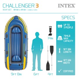 Intex 68370EP Challenger 3 Inflatable Boat Set: Includes Deluxe 48in Boat Oars and High-Output Pump - Triple Air Chambers - Welded Oar Locks - 3-Person - 660lb Weight Capacity