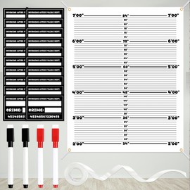 Mugshot Backdrop Photo Booth Banner 4.5 x 5.6 FT, Mugshot Backdrops with 20 Double-Sided Erasable Cards, 4 Markers & Ribbon, Arrested Height Chart Background for Bachelorette Party & Girls Night Out