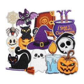 HEYTRCO 12PCS Halloween Witch Iron on Patches, Cute Cauldron Ghost Cat Skull Bat Spider Embroidered Applique for Clothes, Custom Holiday Patches for Hats, Jackets, Bags, Backpacks, Dress