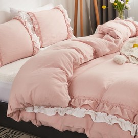 Wotcsil Pink Ruffle Bedding Set for Women Girls Ruffled King Duvet Cover Set Plain Duvet Cover Shabby Chic Retro Double-Layer Frill Edge Design with Pillowcase