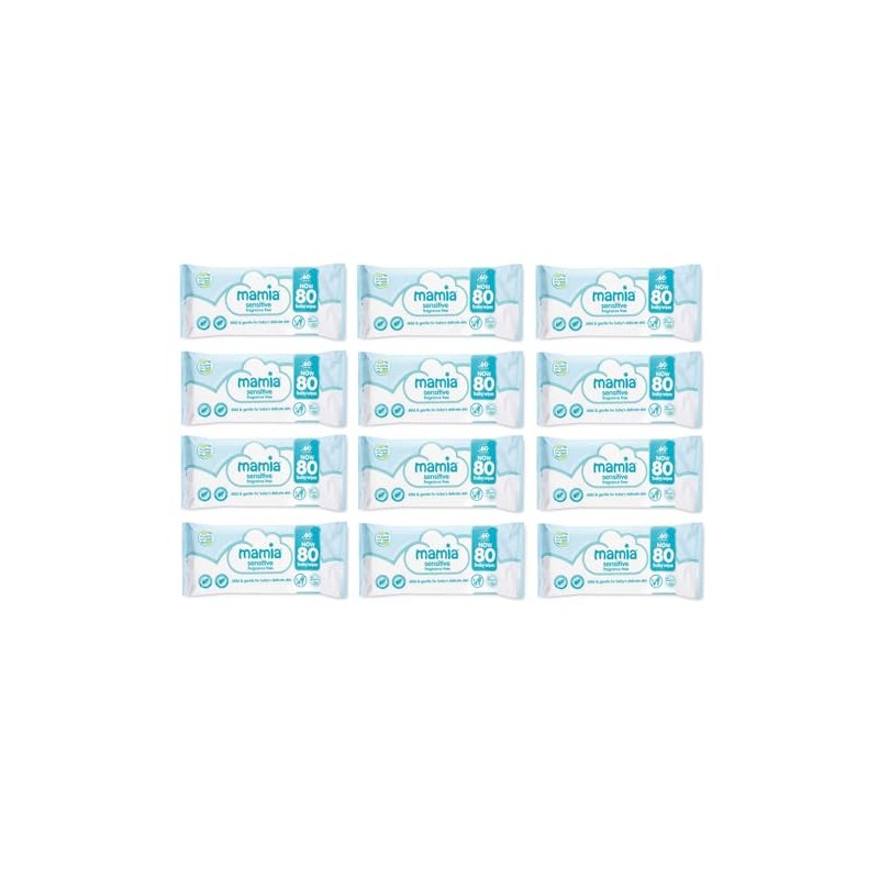 Mamia Sensitive Fragrance Free Wipes 80 Pack (Pack of 12)