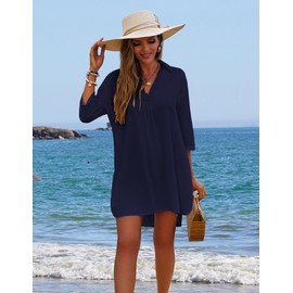 Ekouaer Beach Cover Ups for Women V Neck Bathing Suit Cover Up Bikini Swimsuit Coverup Beach Dress Shirt Navy Blue