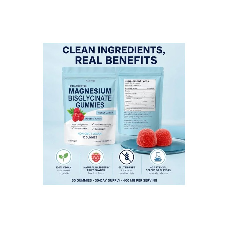 Magnesium Bisglycinate Gummies, High Absorption, Raspberry Flavour, Improved Sleep, Neural