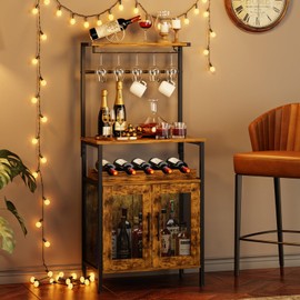 X-cosrack Bar Cabinet for Liquor and Glasses, Wine Rack Freestanding Floor for Small Space, 3-Tiers Storage Shelves, Industrial Coffee Bar with S Hooks, Small Buffet Sideboard Cabinet for Home