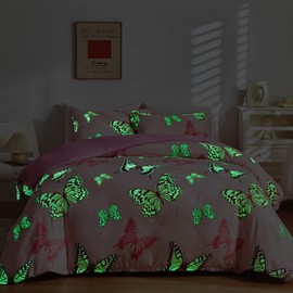 GETIYA Butterfly Bed Linen, 135 x 200 cm, Pink, Girls’/Ladies’ Microfibre Duvet Cover, Butterfly Pattern, Glows in the Dark, Single Bed, with Pillowcase, 80 x 80 cm