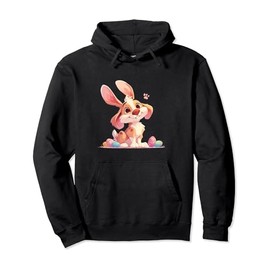 Colorful Easter Eggs Hunt 2024 Dog With Bunny Ears for Kids Pullover Hoodie