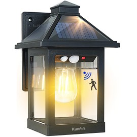 Kuniwa Solar Wall Light Outdoor with 3 Lighting Modes, Dusk to Dawn Led Wall Mount Sconce Exterior Motion Sensor Security Porch Lantern Light Fixture Waterproof for Patio Fence Outside Decorative