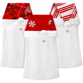 HunnmingRe 3 Pcs Santa Hat Hand Towel with Pompom Christmas Snowflake Kitchen Towels Hanging Kitchen Tie Towels Cotton Red Gnome Decorative Buffalo Plaid Striped Towel for Xmas Dishwasher Decor Gifts