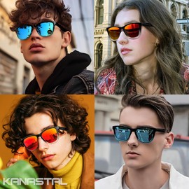 KANASTAL 2 Pack Orange Sunglasses Womens Polarised Mens Square Blue Red Mirrored Vintage Retro Anti Seawater Ladies UV400 Protection - Blue Lens + Red Lens