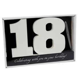 Carousel Home and Gifts Birthday signature plaque, signature numbers 18 birthday keepsake ~ White wooden number blocks with pen included, happy 18th birthday plaque, guest book sign