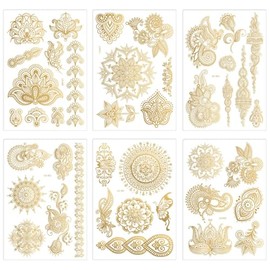 6 Hojas de Tatuajes Temporales de Henna - Diseños Elegantes de Encaje Dorado y Flores (Loto/Mariposa) - Arte Corporal Impermeable para Mujeres y Niñas - Accesorios Decorativos para Brazo, Mano, Cuello - Aplicación Segura y Fácil (Oro)