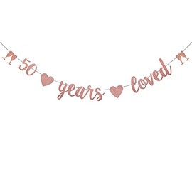WEIANDBO 50 Years Loved Rose Gold Glitter Banner,Pre-Strung,50th Birthday