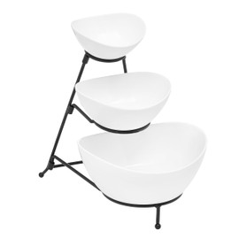 Sheffield Home 3-Tier Serving Set: White Stoneware Oval Bowls on a Collapsible Black Metal Stand - Great for Entertaining, Desserts, Candy, Chip and Dip. Elevate your party with stylish convenience.