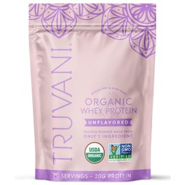 Truvani Proteína de suero orgánica en polvo  Sin sabor  20 g de proteína de suero de leche de animales alimentados con pasto  20 porciones  USDA...   