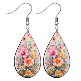 the fun things Romantic Wildflowers Teardrop Earrings Wood Dangle Solid Sterling Silver Wires