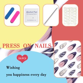 Long Press on Nails Almond Gold Purple French Tip False Nails 3D Fake Nails with Design Gradient Purple Artificial Nails Long Acrylic Glue on Nails Press ons Golden Lines Stick on Nails for Women
