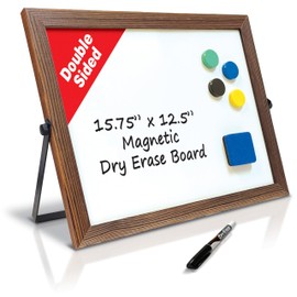 Wooden Framed Double Sided Magnetic Whiteboard with Folding Metal Stand, 16" x 12.5", Rustic Brown Color, Portable Desktop Dry Erase Board, with Marker, Eraser and 4 Magnets