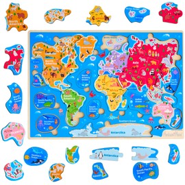 Montessori Mama World Map Wooden Puzzle, Continents and Oceans Puzzles for Kids Ages 4-6. Perfect Educational Toys for 4 Year Old Including Global Landmarks, Animals and Marine Life