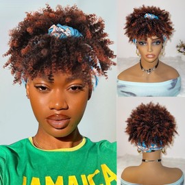DEYNGS Ombre Headband Wig Afro Kinky Headband Wig with Bangs for Women Ombre Brown Head Wrap 2 in 1 for Women Curly Full Scarf Wigs Synthetic Short Afro Kinky Wigs