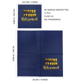 WRAPAHOLIC 50Pcs Retirement Cocktail Napkins - 3-Ply Blue Gold Foil Cheer Retirement Disposable Paper Napkins for Retirement Party, Tableware Party Supplies, Holiday - 5 x 5 In