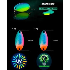 Njord Kalastus UV Active and Self-Luminous Glow Spoons Trout Pack of 10 in Spoon Box Trout Blinker Fishing Trout Fishing Spoon Set Trout Bait (2.5 g UV Glow)