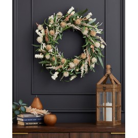 24 inch Globe Thistle Medley Wreath, Spring Summer Home Décor, Artificial White and Neutral Floral Indoor Decoration, Front Door Display - by Seasonal LLC
