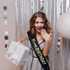 JJUNW 2Pcs Birthday Sash for Women, It's My Birthday Sash, Black and White Sashes Happy Birthdays, Rose Gold Party Decoration for Men Cheers to Decorations Supplies