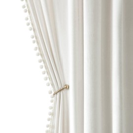 MIULEE Pure White Pom Pom Velvet Curtains for Bedroom/Living Room Darkening Thermal Insulating 84 Inches Long Blackout Curtains with Rod Pocket for Girls Room/Nursery/Home Theater Set of 2