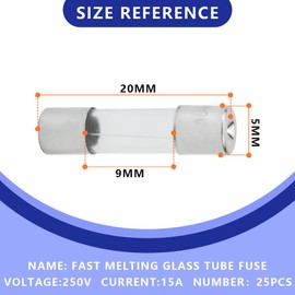 Innfeeltech 25 x Quick Impact Glass Fuses 5 x 20 mm 250 V 15 A Fast Pipe Fuse Assortment Kit