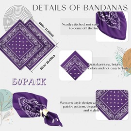 50 Pcs Bandanas Paisley Cowboy Polyester Bandanas Bulk Multi Purpose Headband for Men Women Party Costume (Purple)