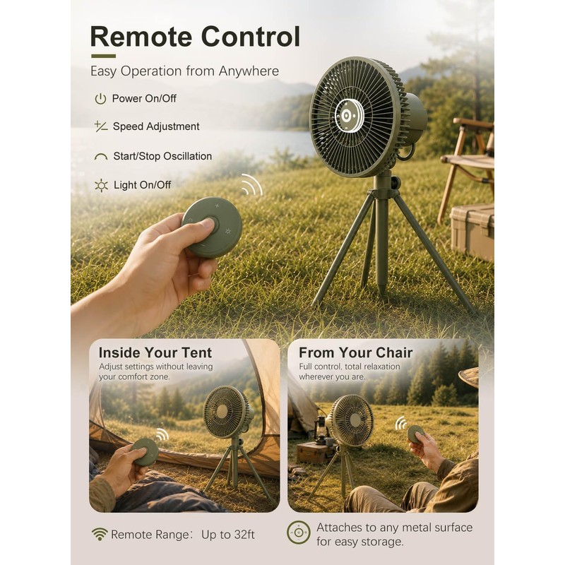 Camping Fan, 10000mAh Rechargeable Tent Fan with Remote Control