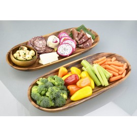Pacific Merchants Acacia Wood Oval Charcuterie Serving Tray, 16” x 7” x 1.5” Set of Two, Cheese and Appetizer Platter