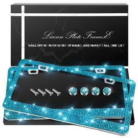QUANQIUFEI 2 Pack Bling License Plate Frames, Sparkly Rhinestone Diamond Car License Plate Cover for Women, Stainless Steel Car Accessories with Glitter Crystal Caps (Blue Zircon)