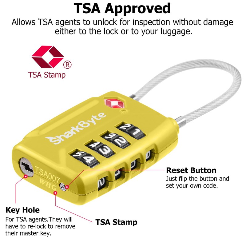 SharkByte TSA Approved Suitcase Locks - 4-Dial Security Travel Combination