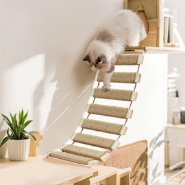 Multi-Functional Cat Ladder & Climbing Frame - DIY Wooden Bridge with Sisal Rope for Indoor/Outdoor Cats, Parrots, and Small Pets (Wood Tone, 20in/50cm)