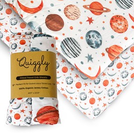 Quiggly Travel Crib Sheets for Guava Lotus, 2 Pack Organic Cotton Jersey Knit, Space, Planet & Star Patterns - Fits Travel Crib Mattress for Boys & Girls (Travel Crib, Starry Slumber)