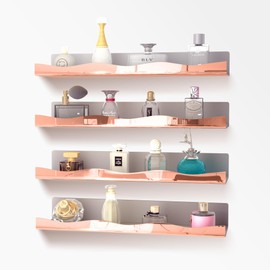 YMVV 15.7 in Large Rose Golden Reflective Acrylic Mounted Floating Shelf, Perfume Organizer Shelf, Modern Bathroom Storage Toy Display Organizer Decor 4 Pack