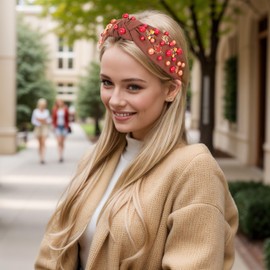 Gmmidea Diademas de Pavo de Acción de Gracias para Mujeres Adultas, Diadema Ancha con Nudo Superior, Accesorios para El Cabello, Diadema Anudada con Perlas Y Joyas, Divertidos Atuendos de Acción de Gr