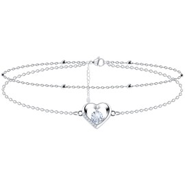 YELUWA 2 in 1 Heart Anklet 925 Silver Women's Double Anklet with Ball and Cubic Zirconia Summer Barefoot Beach Anklet Gift for Girlfriend Sister Mother Girls Lady, Adjustable 23 + 3 cm, Stainless