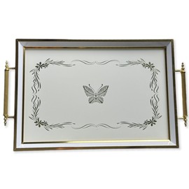 Hakan Rectangular Decorative Serving Tray 19x11.5-inch White-Butterfly with Glass Surface, Metal Handles Ottoman Coffee Table Perfume Living Room Kitchen Platter, Home Décor, Wedding