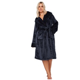 Yours Curve Blue Ribbed Trim Hooded Dressing Gown - Women's - Plus Size Curve