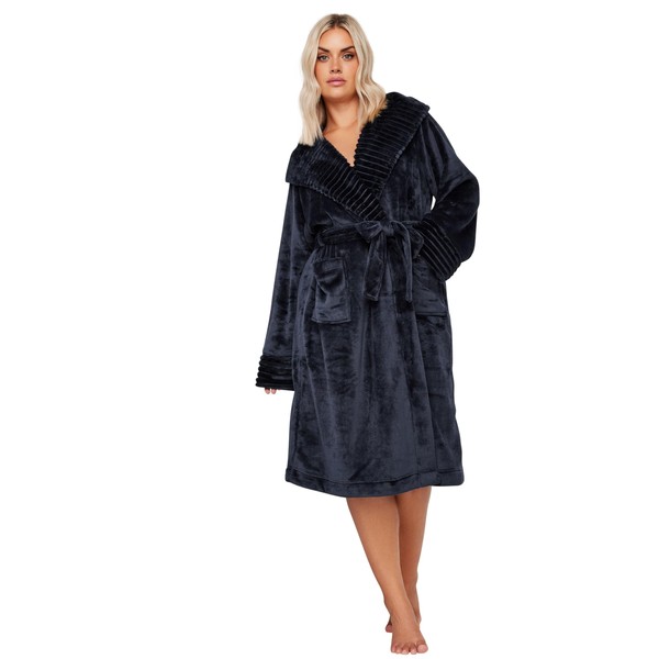Yours Curve Blue Ribbed Trim Hooded Dressing Gown - Women's