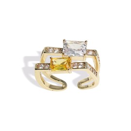 Sonateomber Yellow White Cubic Zirconia Gold Statement Ring for Women - Trendy Large Simulated Diamond Topaz Citrine Adjustable Square Double Ring Costume Jewelry