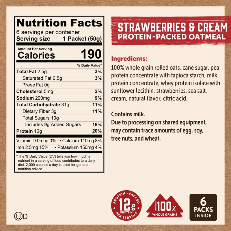 Kodiak Instant Oatmeal Packets, Strawberries & Cream, High Protein, 100%