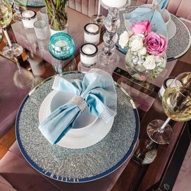 Round Crystal-Filled Charger, Unique, Dramatic, Glass Mirrored Dinner Plate Server, For Formal Dining Tables Setting, Events, Wedding, Silver, 15", Sold Individually