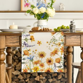 Artoid Mode Yellow Daisy Lavender Flowers Floral Leaves Spring Table Runner, Summer Kitchen Dining Table Decoration for Home Party Decor 13x36 Inch