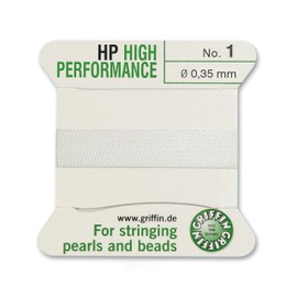 Griffin High Performance Bead Cord Perlseide – White Color – Size 1 (0.35mm) – 2 Meters per Card – Stainless Steel Needle Attached – for Knotting Pearls, Gemstones, Crystals and Beads