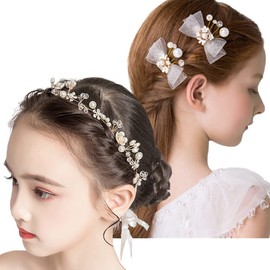 VICHE CATT Headdress, Hair Accessory, 2 Pieces, 3-Piece Set, Hair Ornament, Ribbon, Headband, Barrette, Kids, Recitals, Weddings (Set of 3)